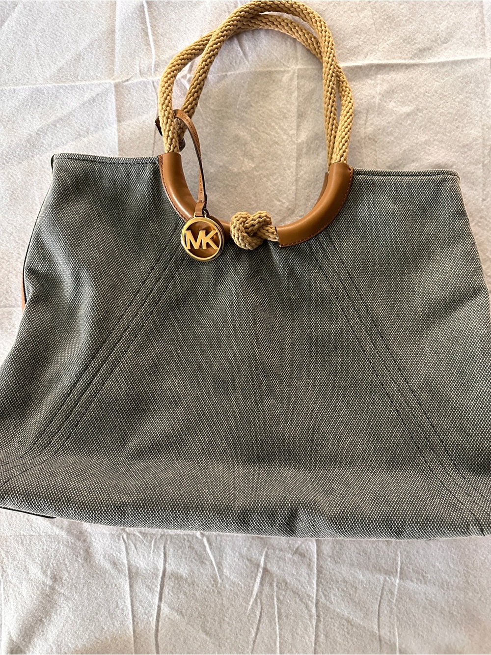 Michael Kors Gray Canvas Tote with Tan Rope Handles and Gold MK Charm